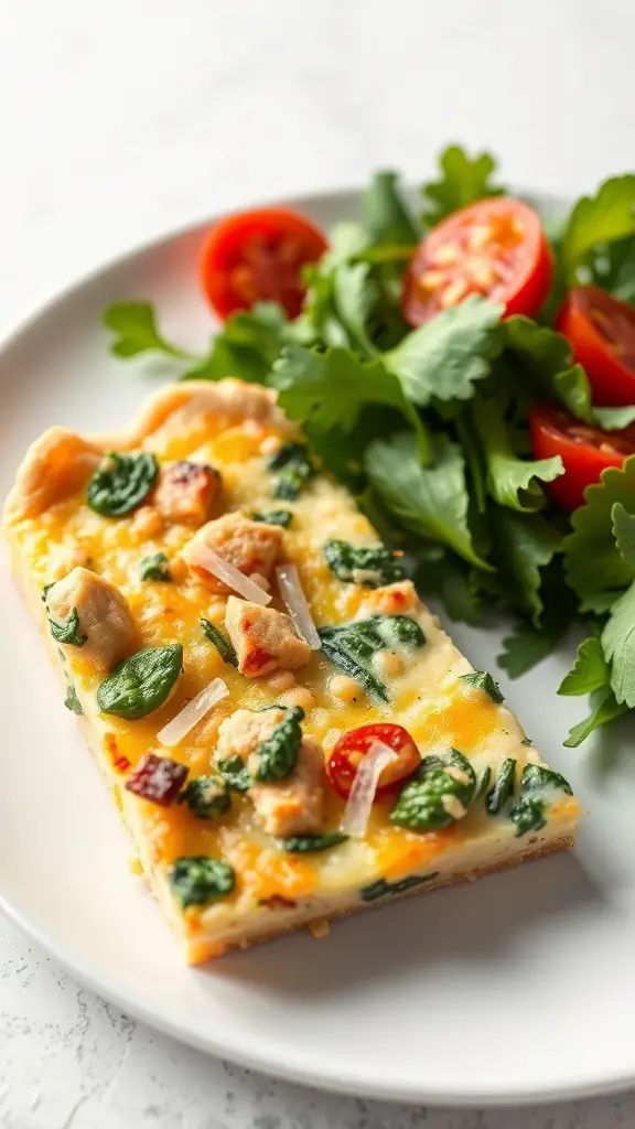 A slice of tuna quiche with spinach served on a plate alongside cherry tomatoes and greens.