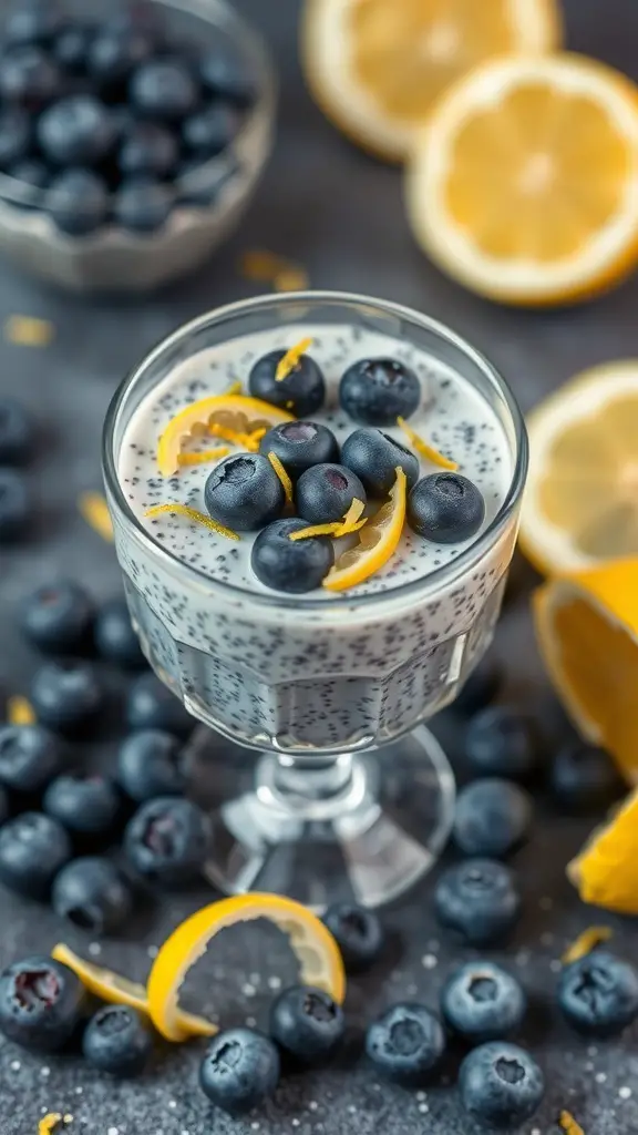 A glass of lemon blueberry chia pudding topped with blueberries and lemon zest, surrounded by fresh blueberries and lemon halves.