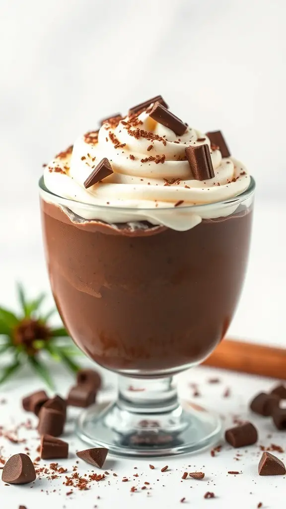 A glass of dark chocolate mousse topped with whipped cream and chocolate shavings