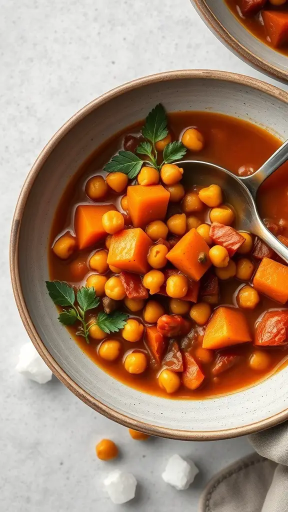 A bowl of spicy chickpea and sweet potato stew with vibrant colors and fresh herbs.