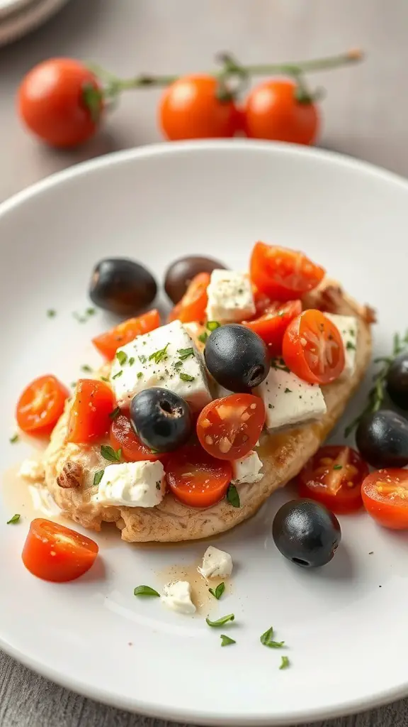 A plate of baked feta chicken topped with cherry tomatoes and olives.