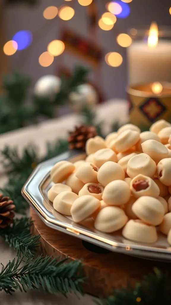 A silver platter filled with mini white chocolate macadamia nut cookies, surrounded by festive decorations.