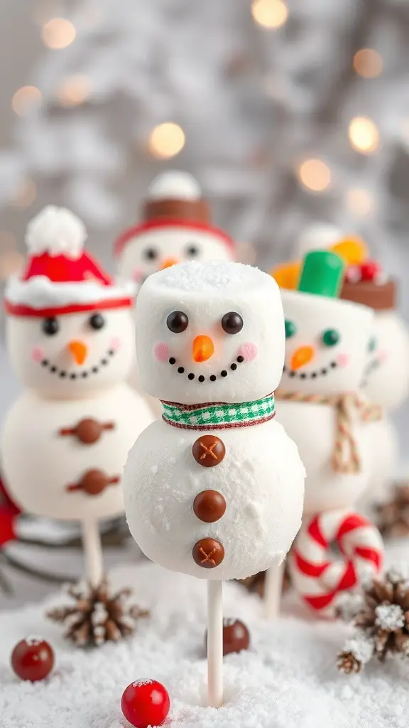 A collection of cute snowman marshmallow pops decorated with candies, set against a festive background.