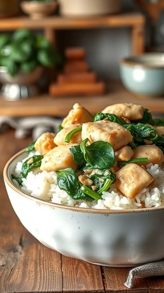 A bowl of creamy garlic chicken with spinach served over rice.