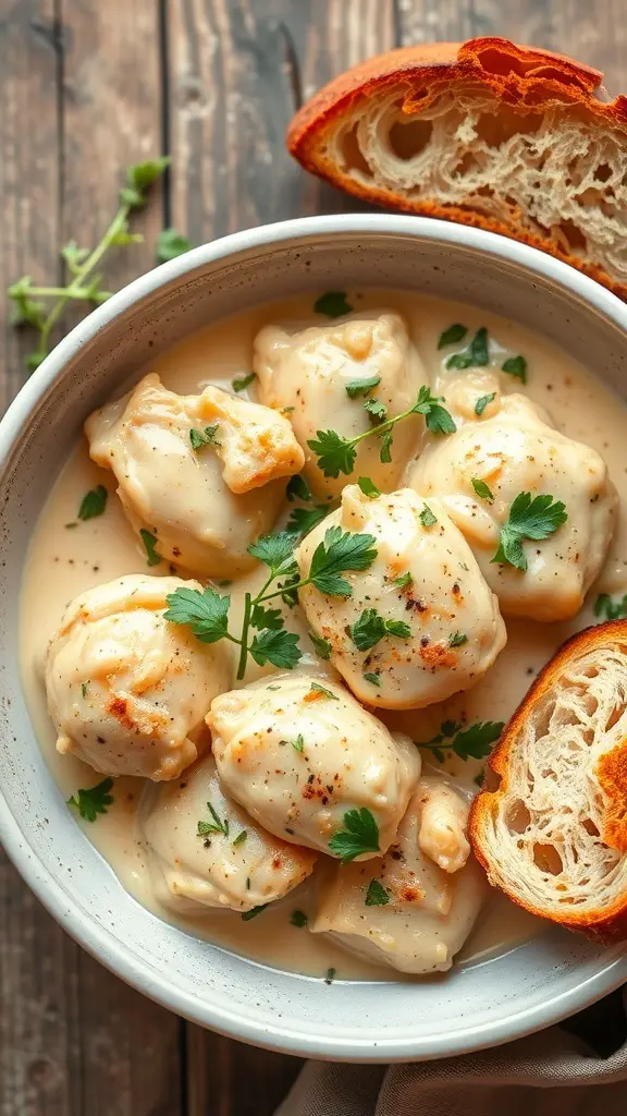A bowl of creamy garlic Parmesan chicken with dumplings and a slice of bread on the side.