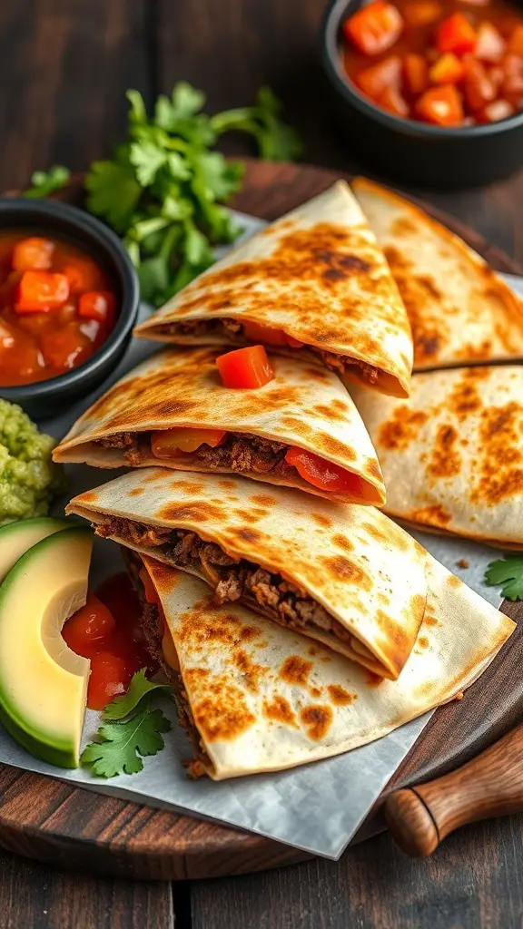 A plate of beef and cheese quesadillas with toppings and salsa