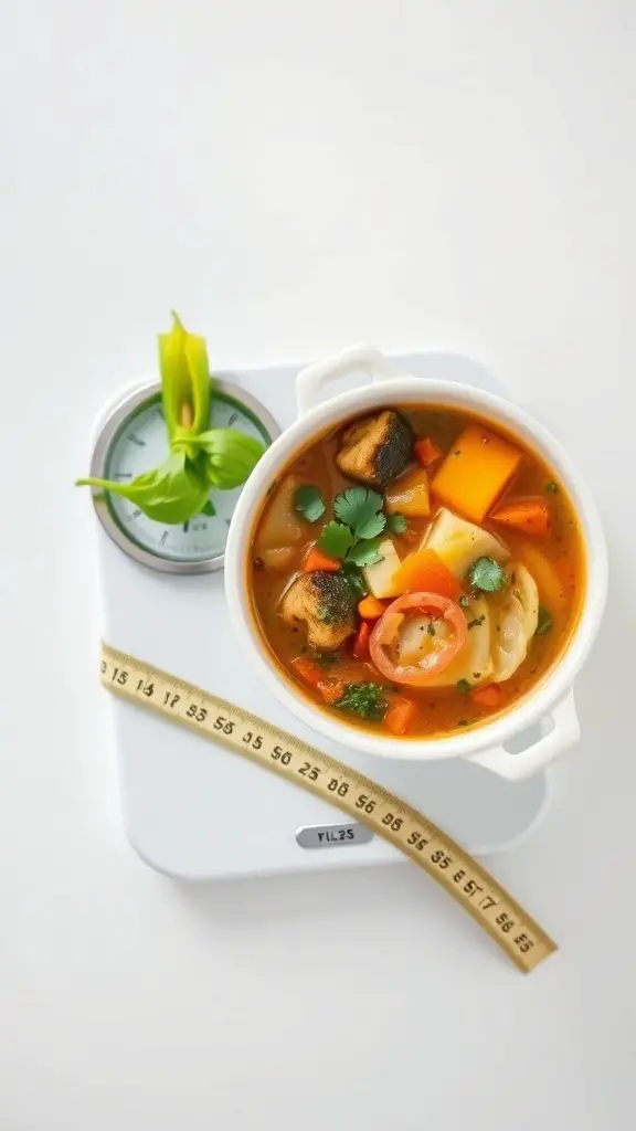 A bowl of colorful cabbage soup on a scale, symbolizing portion control and healthy eating.