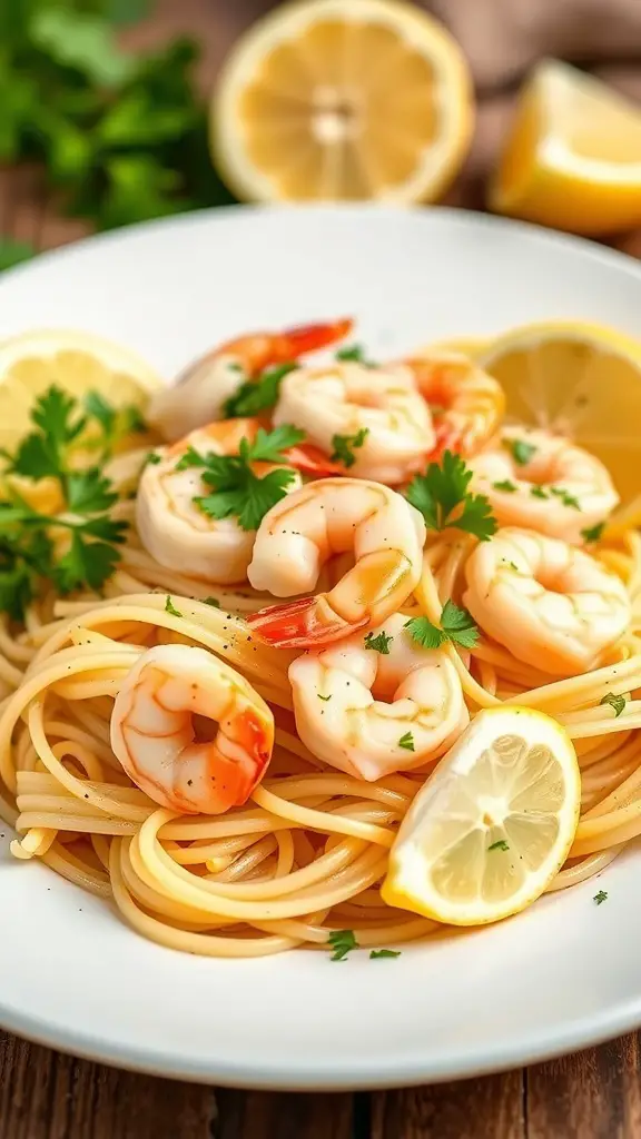 A plate of Lemon Garlic Shrimp Pasta garnished with parsley and lemon slices