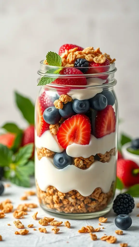 A delicious fruit and yogurt parfait with layers of yogurt, granola, and mixed berries in a jar.