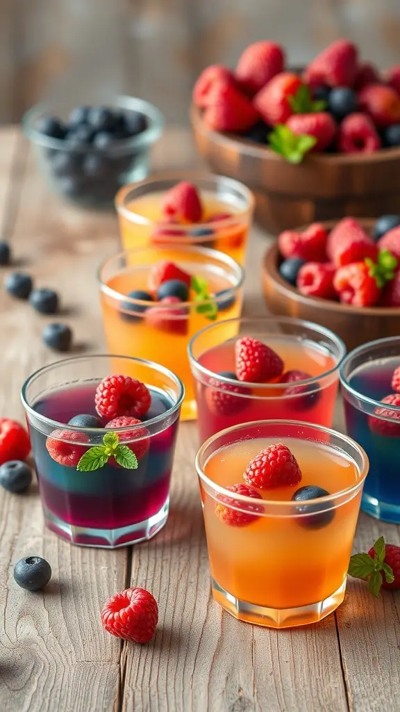 Colorful berry infused gelatin cups with raspberries and blueberries on a wooden table.