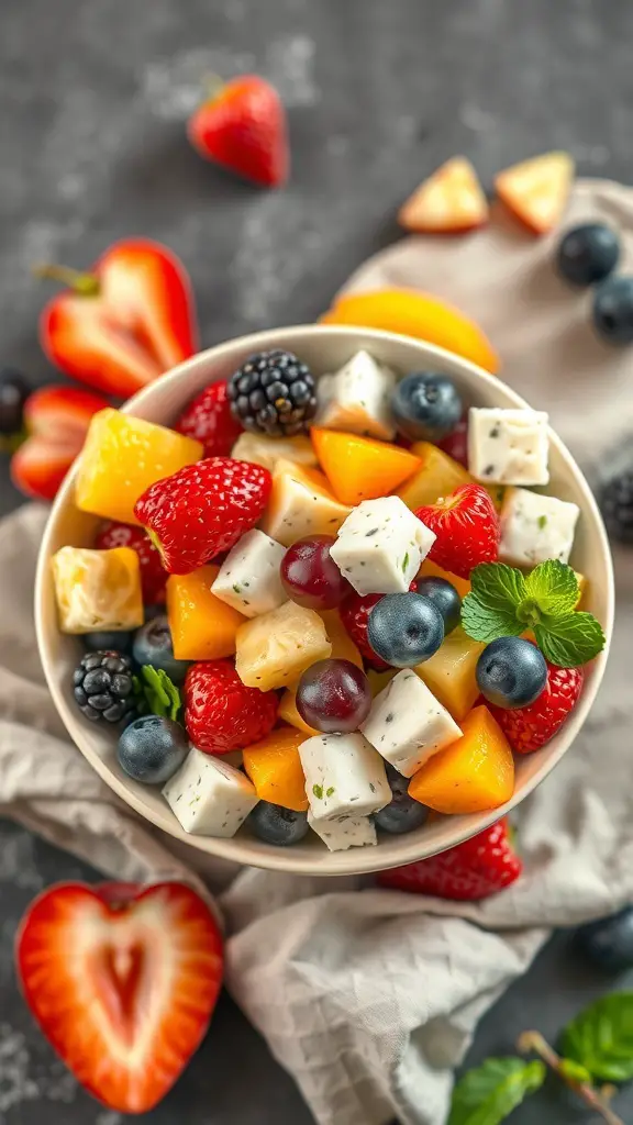 A bowl of cottage cheese fruit salad with strawberries, blueberries, mango, and mint.