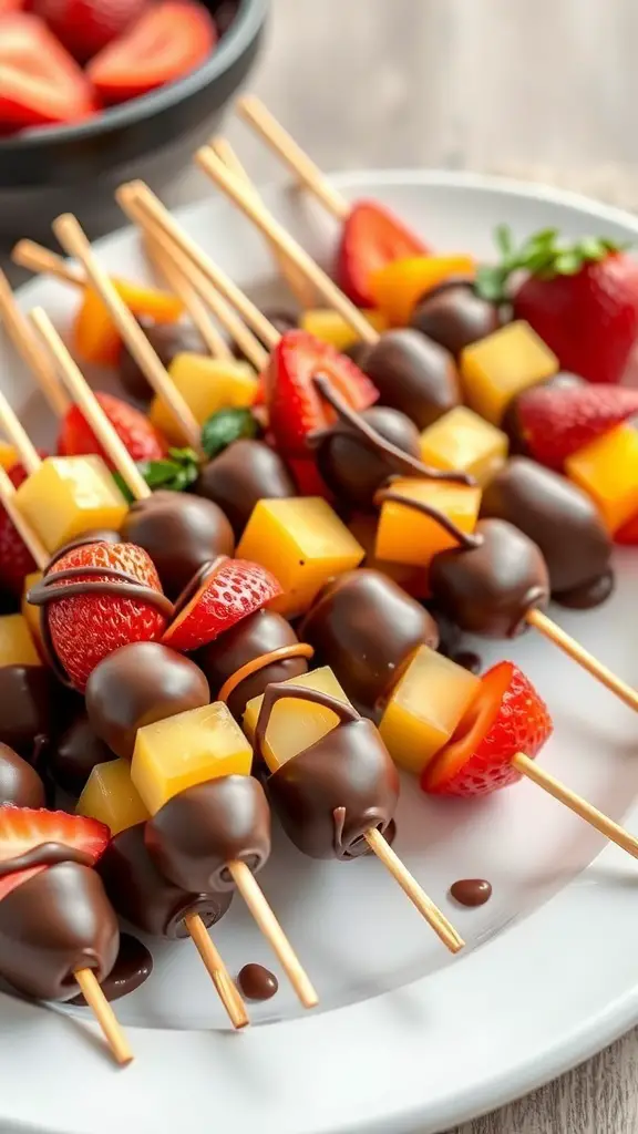 A plate of chocolate-dipped fruit skewers featuring strawberries and mango pieces.