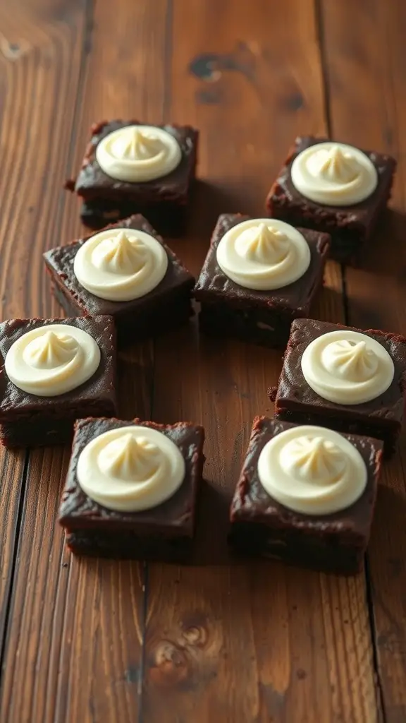 Brownie bites topped with cream cheese frosting on a wooden surface.