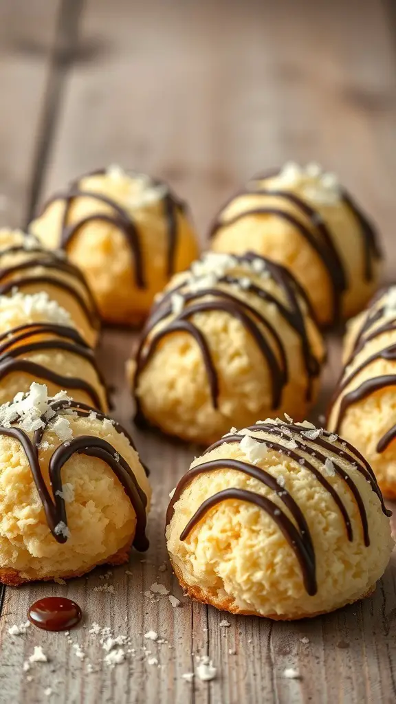Coconut macaroons drizzled with dark chocolate on a wooden surface