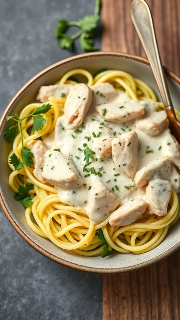 A bowl of Chicken Alfredo Zucchini Noodles topped with chicken pieces and herbs.