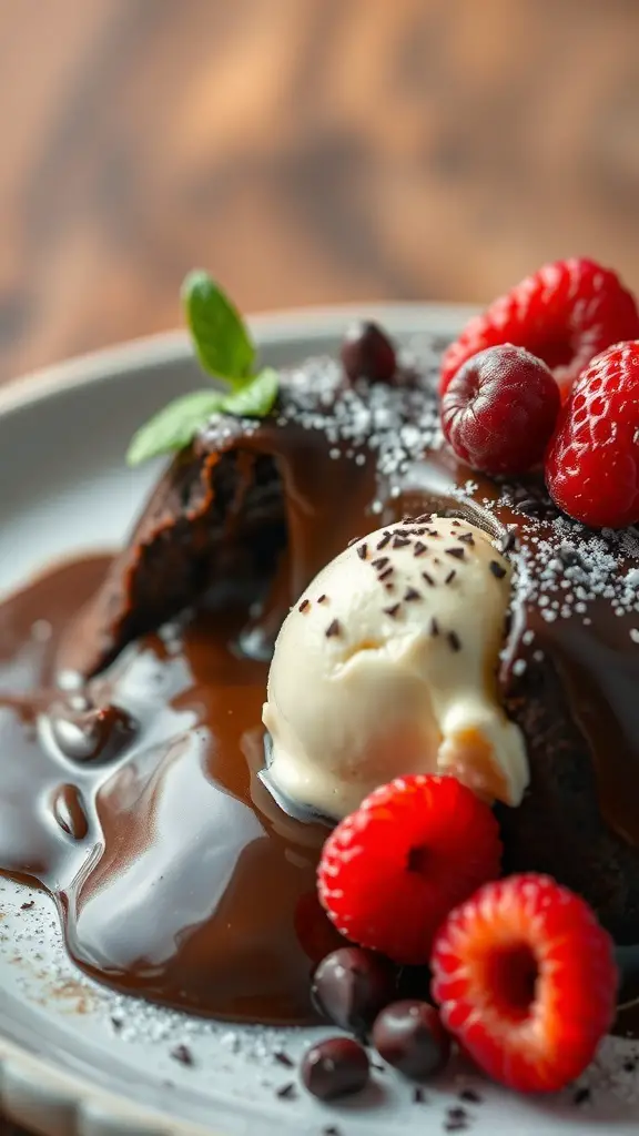 A delicious chocolate lava cake topped with ice cream and fresh berries.
