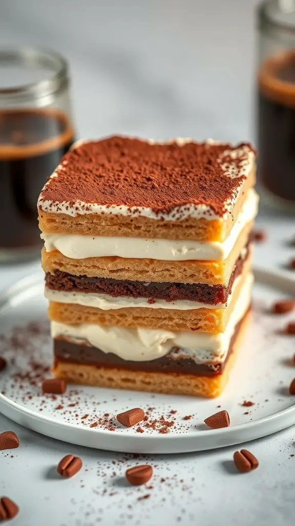 A delicious layered tiramisu dessert with coffee in the background.