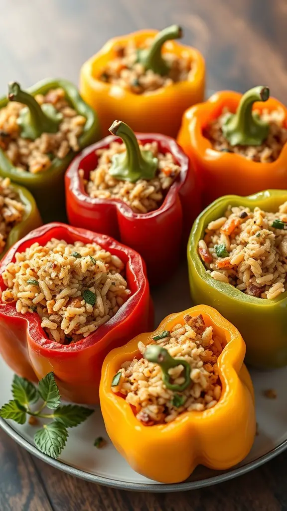 A plate of colorful stuffed bell peppers filled with brown rice and vegetables.