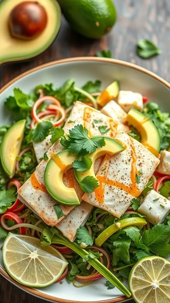 A delicious catfish salad with avocado slices, lime wedges, and fresh herbs on a plate.