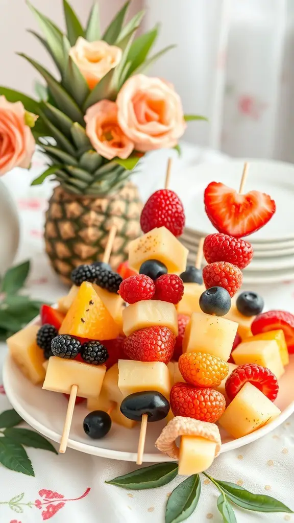 Colorful fruit skewers with strawberries, raspberries, blackberries, and melon cubes, alongside a pineapple centerpiece.
