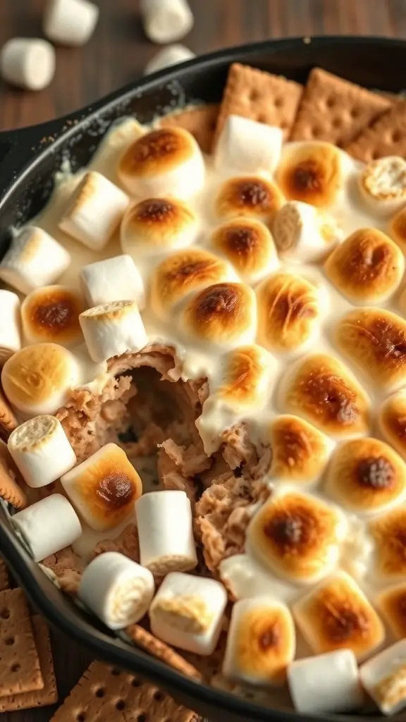 A close-up of s'mores dip with toasted marshmallows and graham crackers