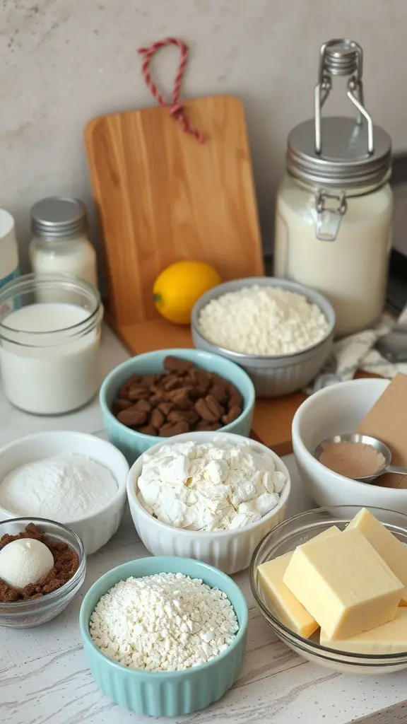 Ingredients for chocolate banana bread including flour, sugar, butter, and milk