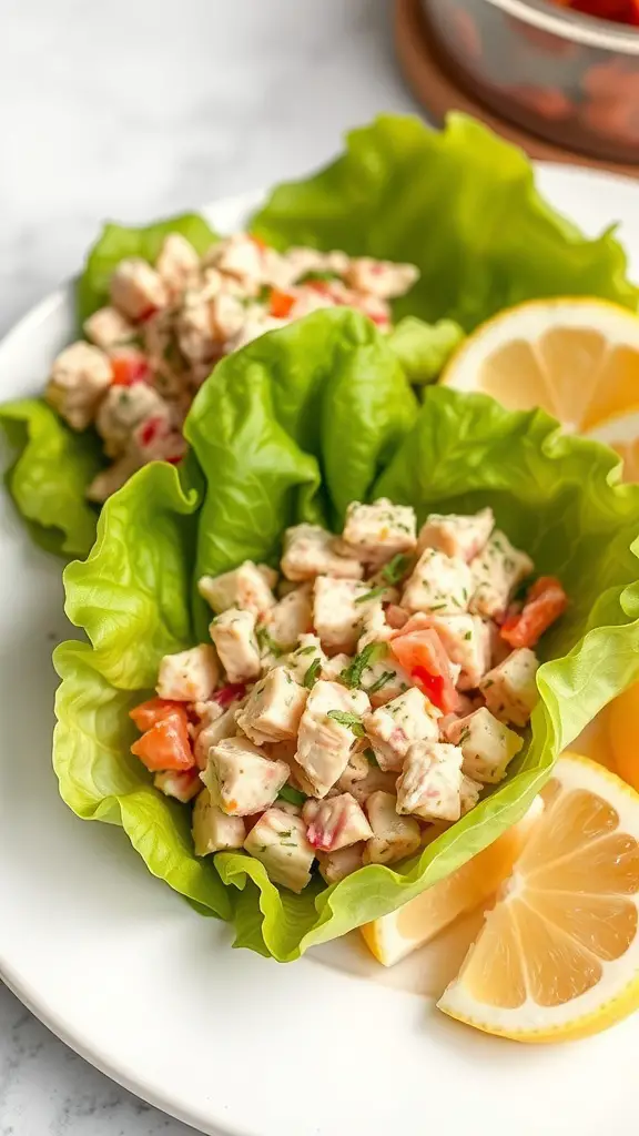 Tuna salad lettuce wraps with lemon wedges on a plate.