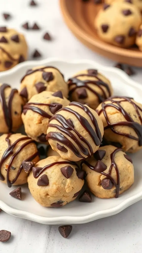 Plate of chocolate chip cookie dough bites drizzled with chocolate