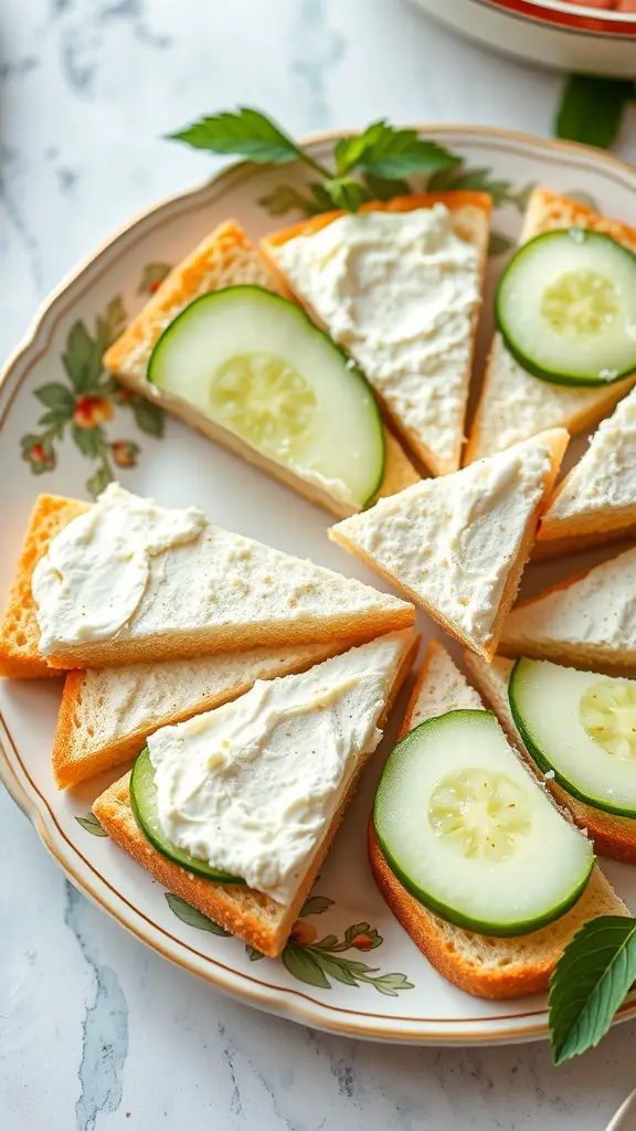 A plate of cucumber and cream cheese sandwiches cut into triangles, garnished with fresh mint leaves.