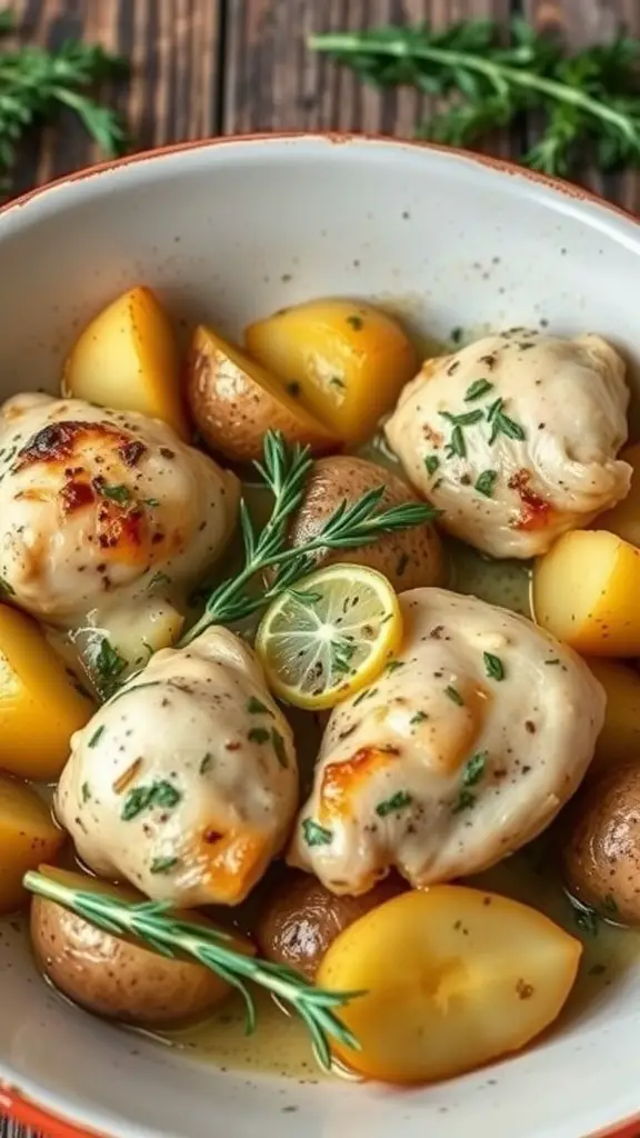 A bowl of Lemon Herb Chicken with Potatoes, featuring tender chicken pieces, golden potatoes, and fresh herbs.
