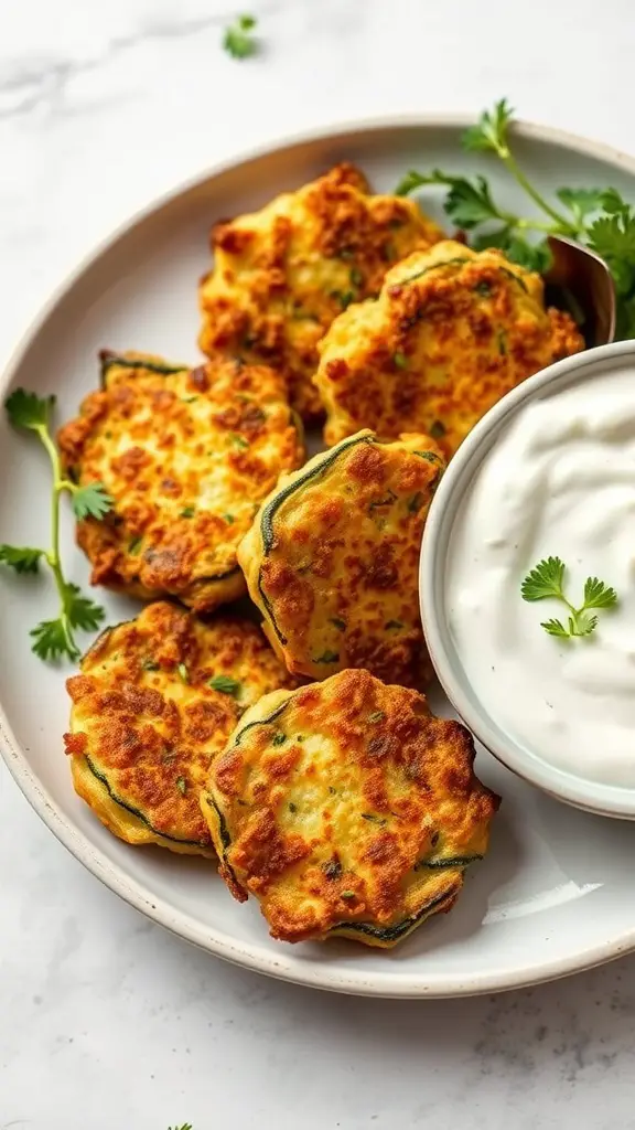 A plate of crispy zucchini fritters served with a creamy yogurt dip, garnished with fresh herbs.