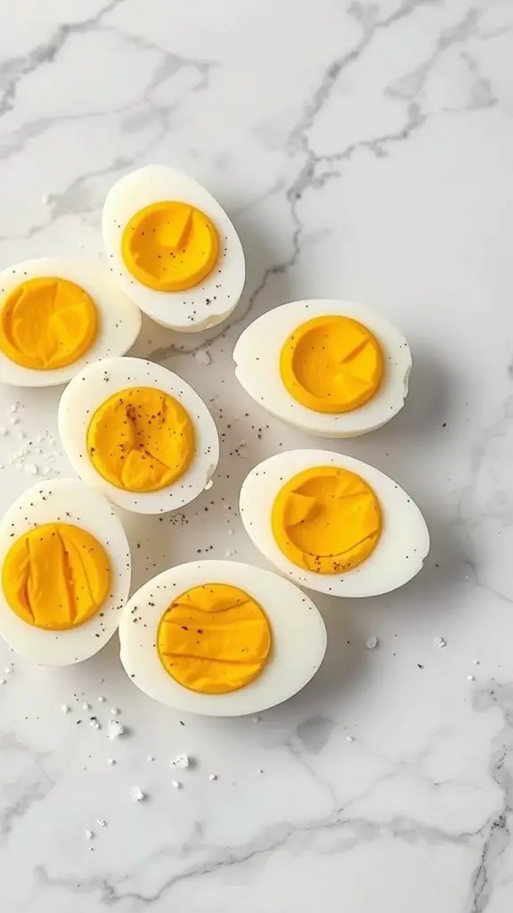 Hard-boiled eggs cut in half with yellow yolks and seasoning on a marble surface