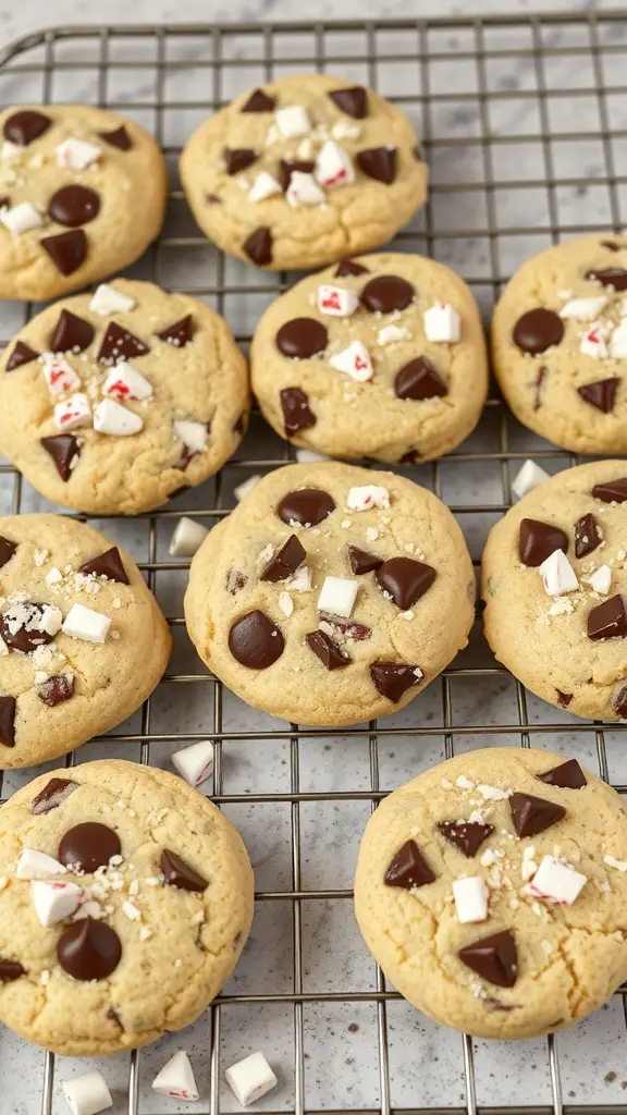 Freshly baked chocolate chip peppermint cookies cooling on a wire rack