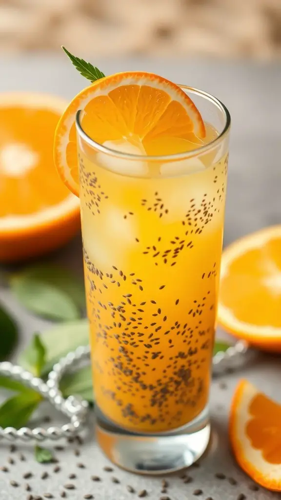 A refreshing Chia Seed Citrus Cooler in a glass, garnished with orange slices and mint leaves.