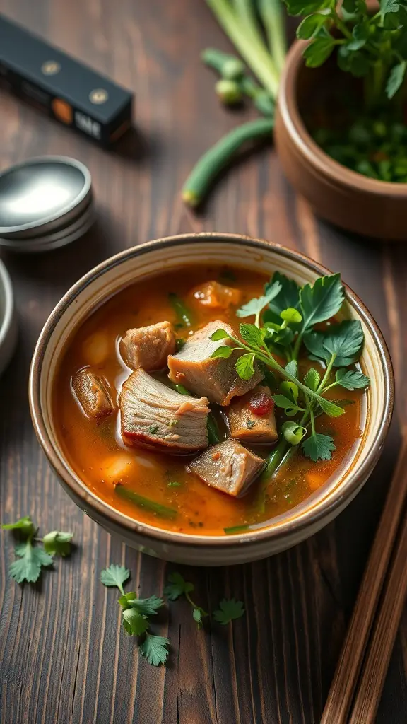 A bowl of spiced duck soup with herbs on a wooden table.