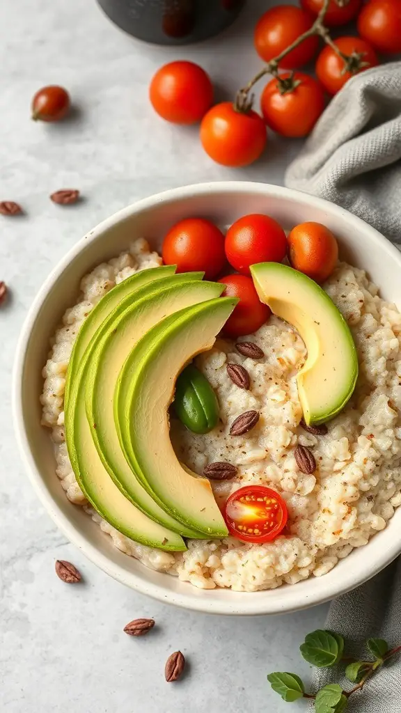 A bowl of savory oatmeal topped with avocado slices and cherry tomatoes.