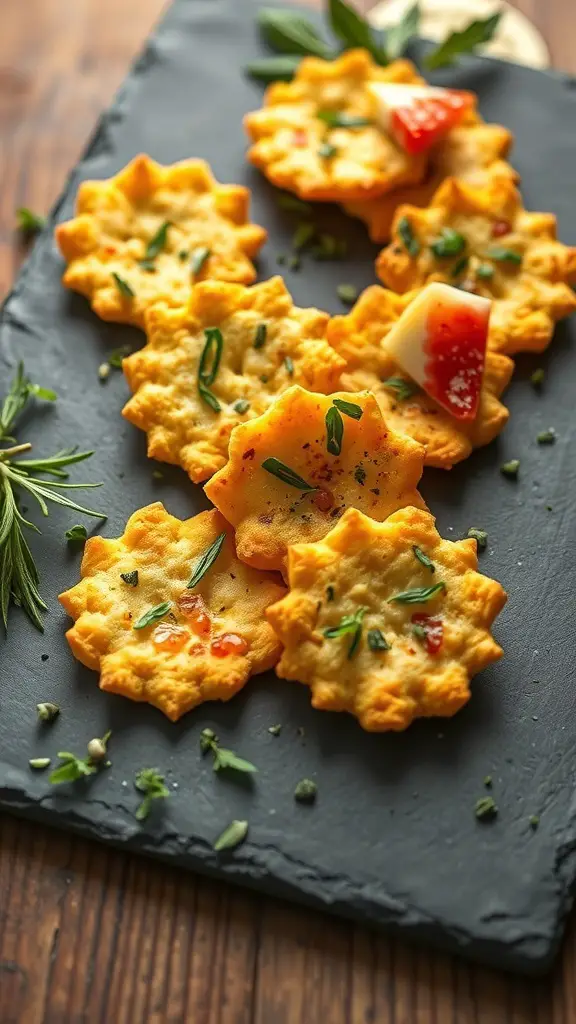 A platter of flower-shaped cheese crisps with herbs on a dark slate background.