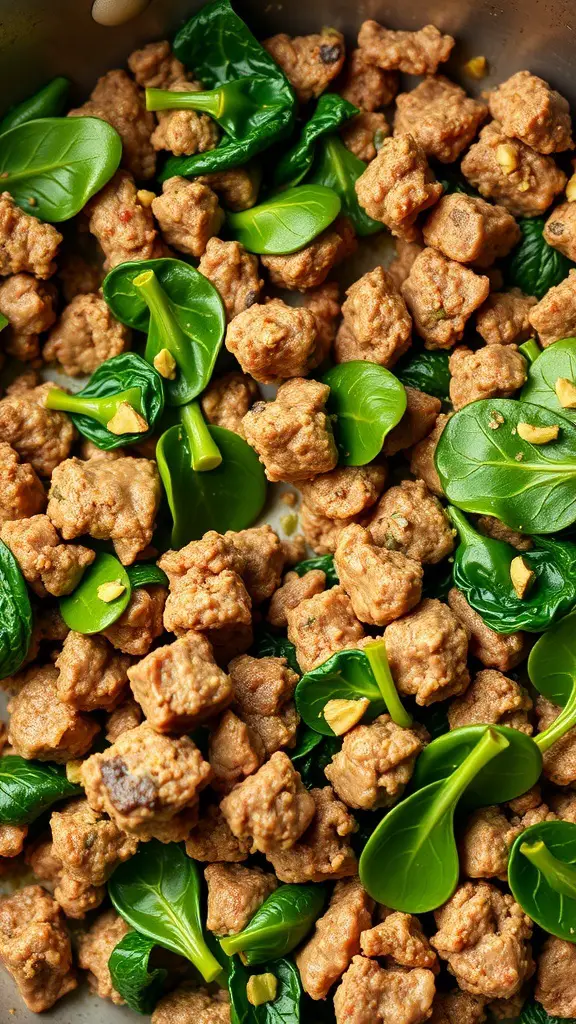 A skillet filled with cooked ground beef and fresh spinach leaves.