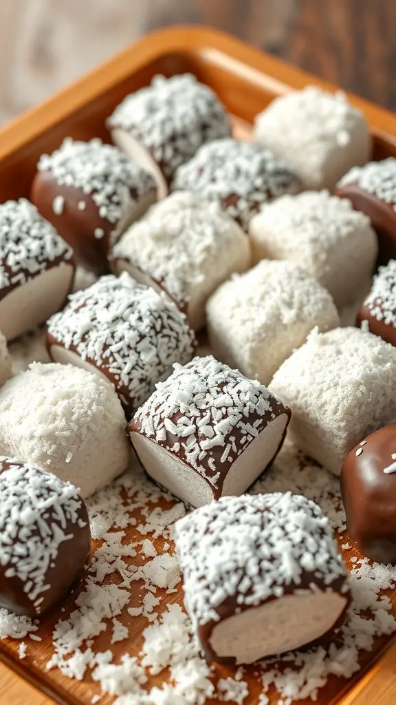 A tray of chocolate covered marshmallows topped with coconut flakes.