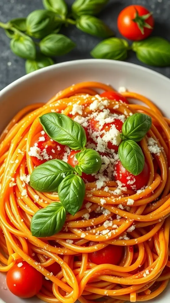 A plate of Tomato Basil Linguine topped with fresh basil and cherry tomatoes.