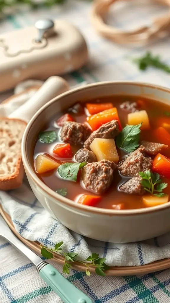 A bowl of hearty beef and vegetable soup with colorful vegetables and herbs, served with bread.