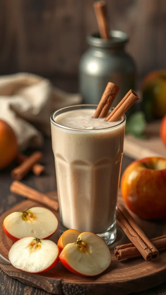 A glass of cinnamon apple smoothie with cinnamon sticks and fresh apples around it.