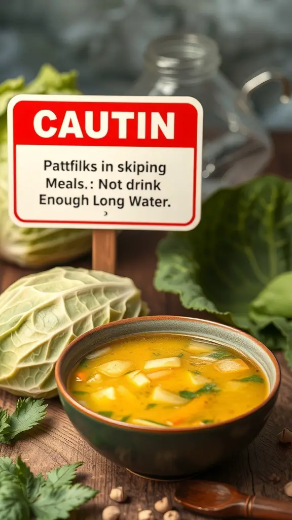 A bowl of cabbage soup with a caution sign about skipping meals and hydration.