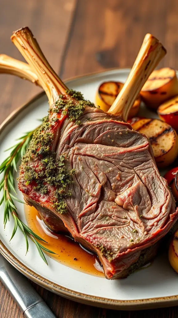 A beautifully presented herb-crusted rack of lamb on a plate with grilled potatoes.