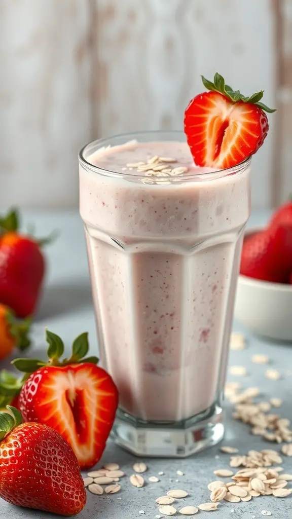 A refreshing strawberry and oatmeal fiber shake in a glass, garnished with a strawberry slice, surrounded by fresh strawberries and oats.