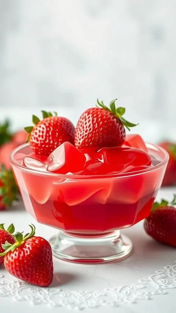 A bowl of sugar-free strawberry jello topped with fresh strawberries, surrounded by more strawberries.