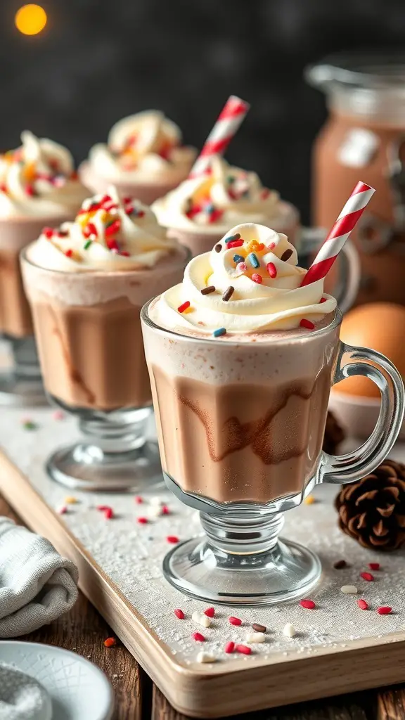 A selection of frozen hot chocolate treats topped with whipped cream and colorful sprinkles in clear glasses.