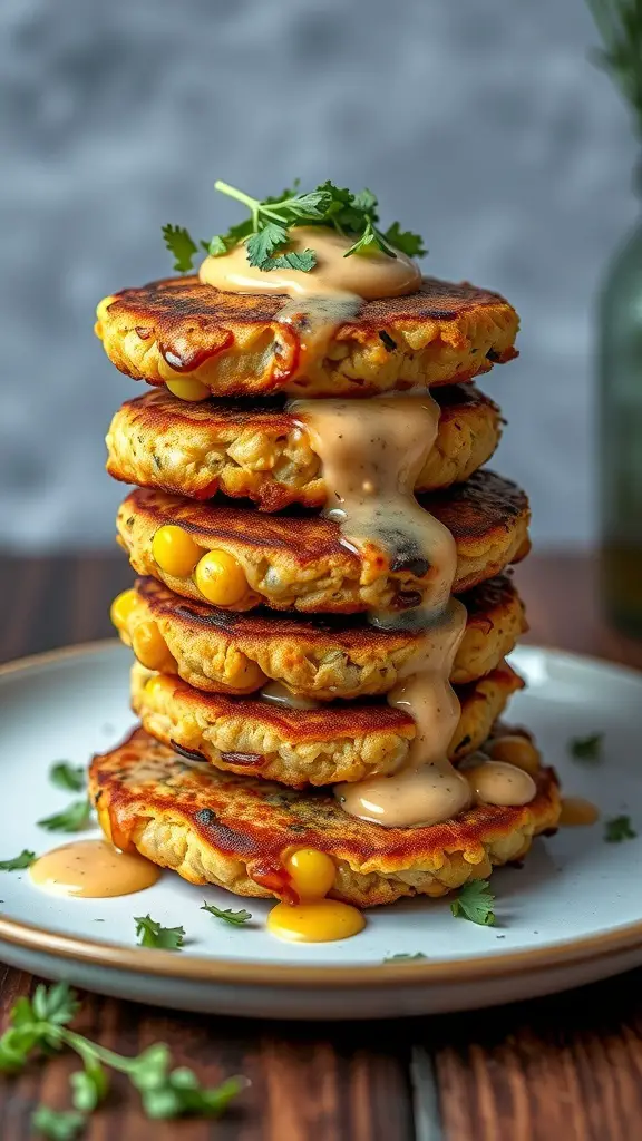 A stack of tuna and corn fritters topped with sauce and herbs on a plate.