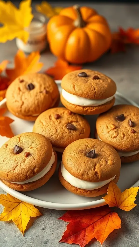 A plate of pumpkin spice whoopie pies with chocolate chips on top, surrounded by autumn leaves and a small pumpkin.