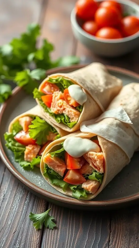 Mediterranean salmon wraps with lettuce, tomatoes, and sauce on a plate